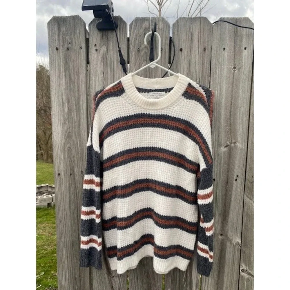 American Eagle Waffle Knit Striped Sweater Cream Grey Rust‎ XS TP EXCH